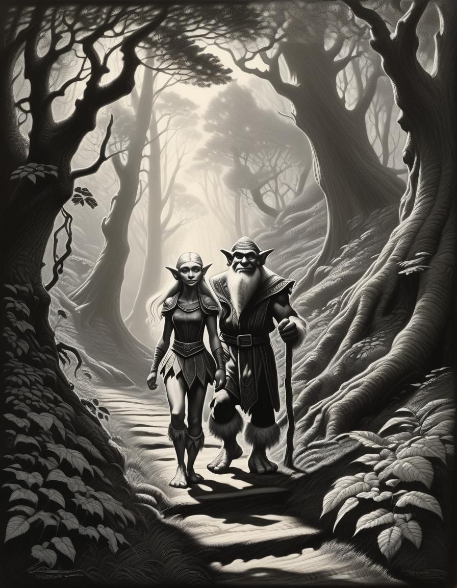 Elf and Troll in Forest, Hildebrandt Style