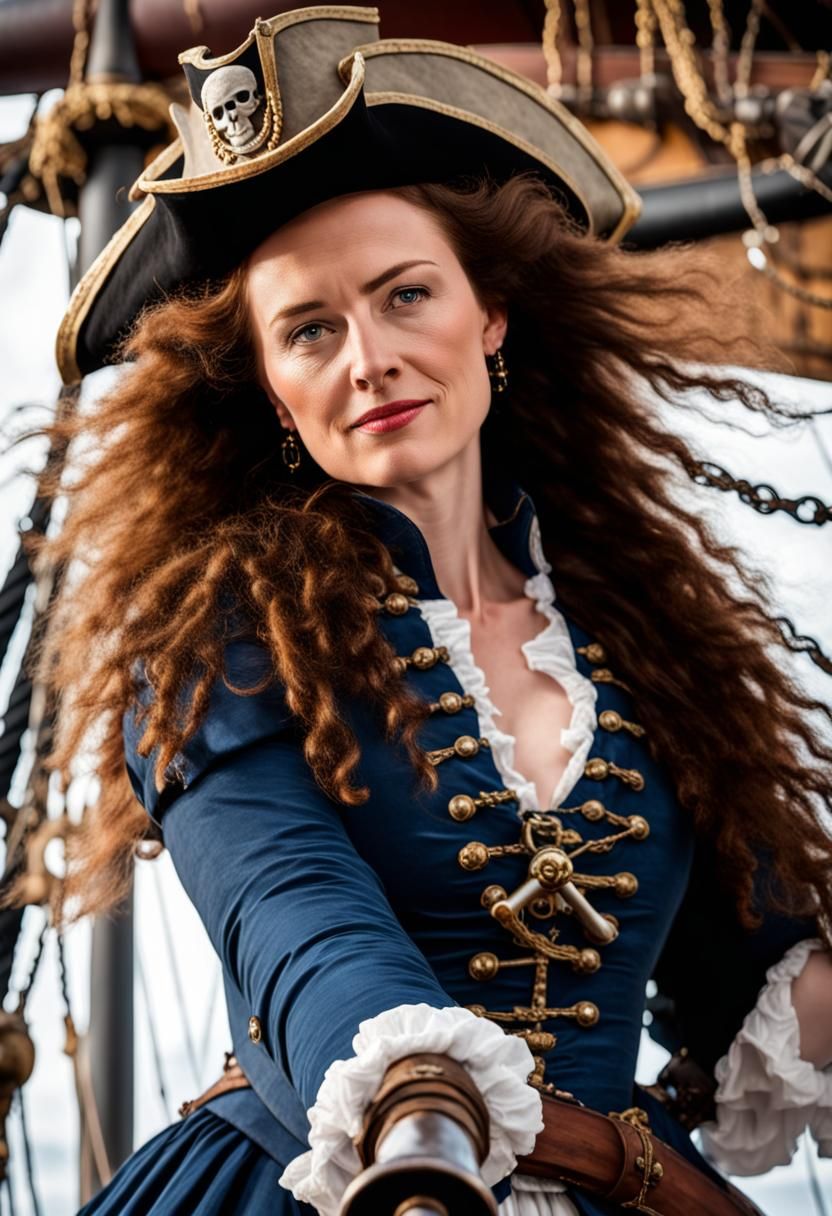 English Pirate Queen with Saber on Ship