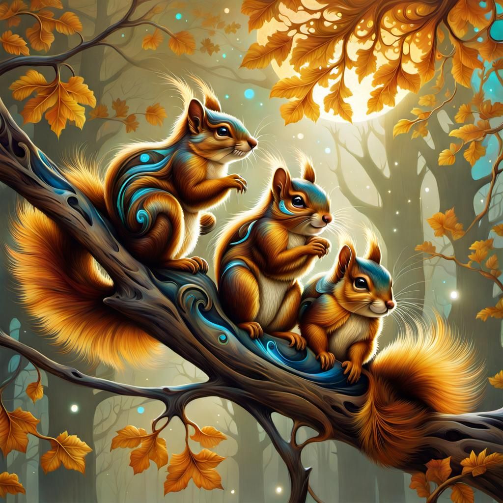 Squirrels in Dreamy Moonlight Graffiti Art