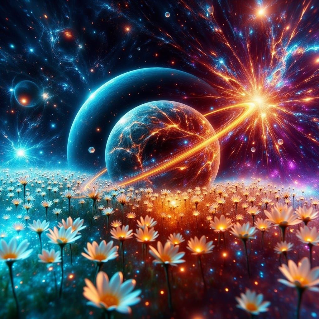 Cosmic Ferrofluid Dreamscape in Maximalist Double Exposure