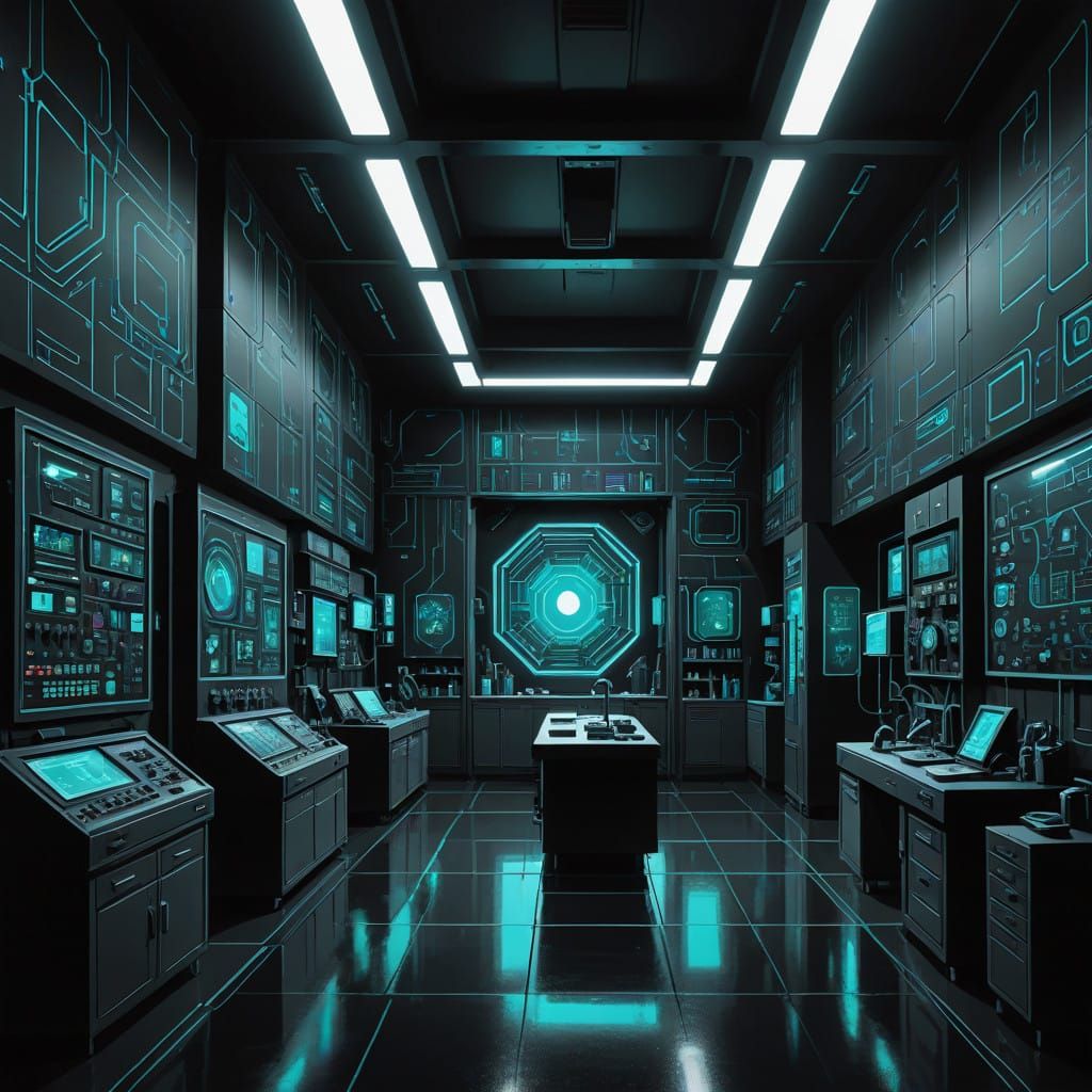 Foreboding Futuristic Laboratory in Dark Turquoise Hues