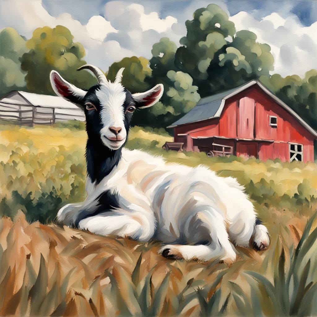 Baby Goat in Field: Impressionist Gouache Watercolor