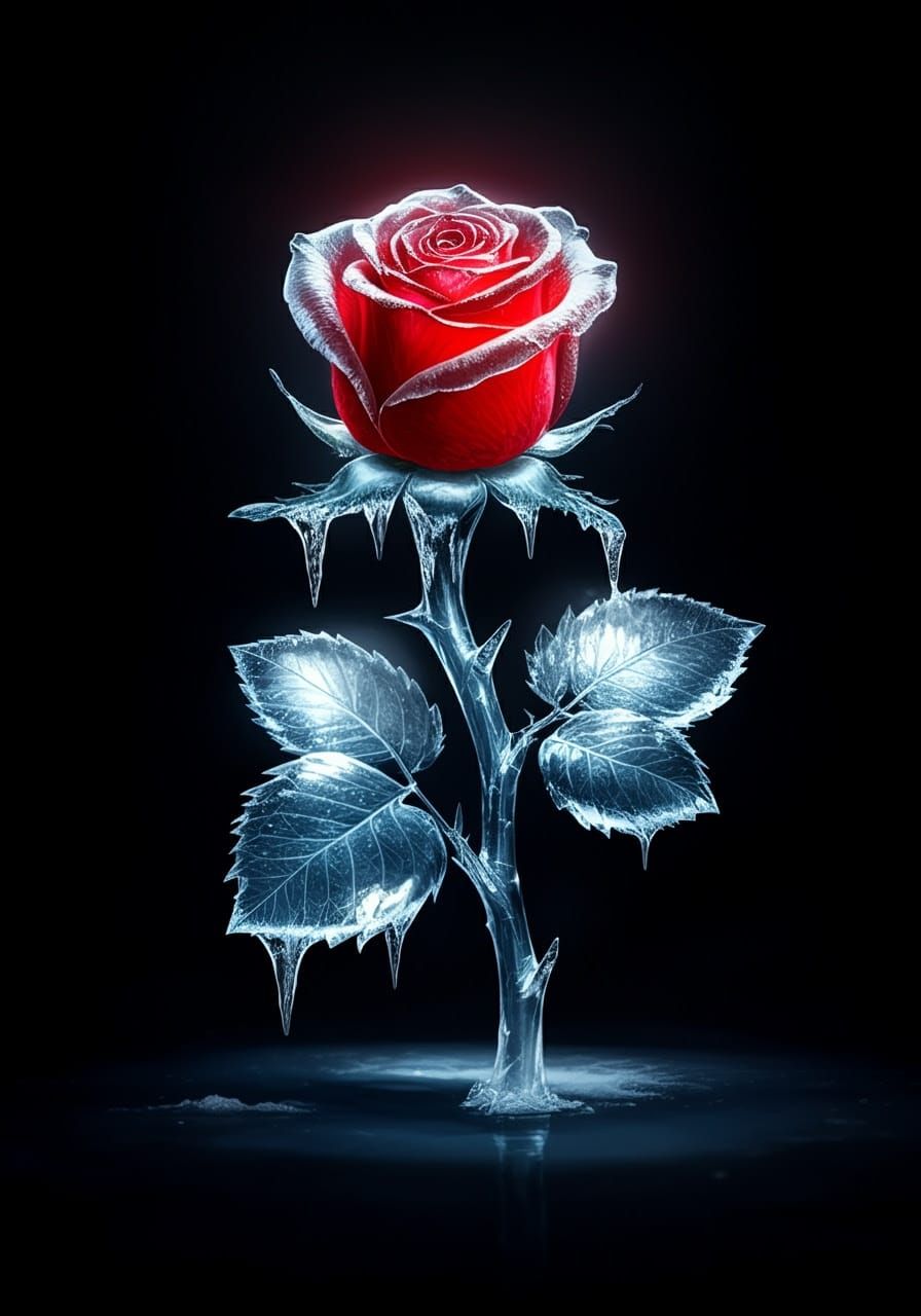 Icy Rose with Red Heart on Black