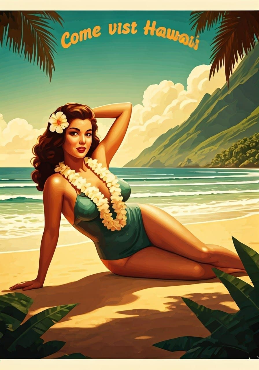 Vintage Pin-Up Poster of Hawaiian Woman on Beach