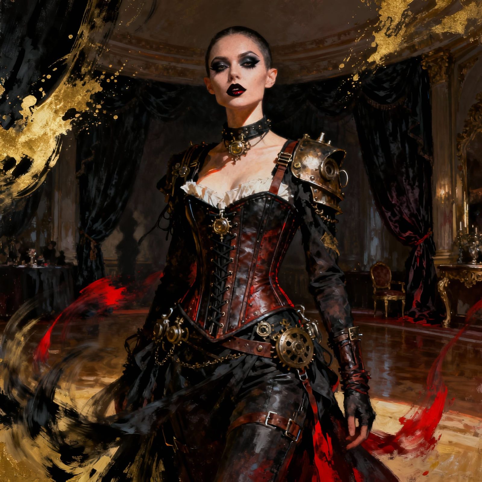Steampunk Fashion Model in Opulent Ballroom