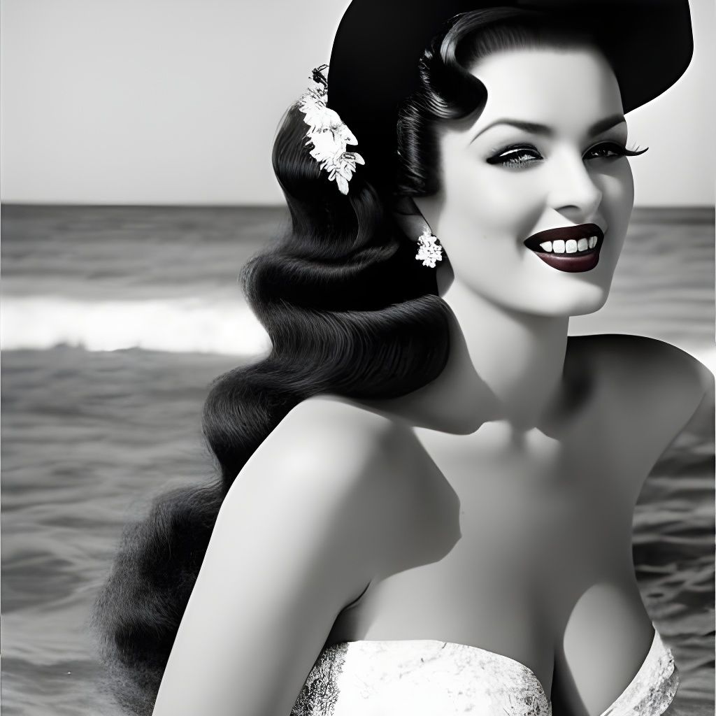 Vintage Pin-Up Girl on Beach in 1940s Style