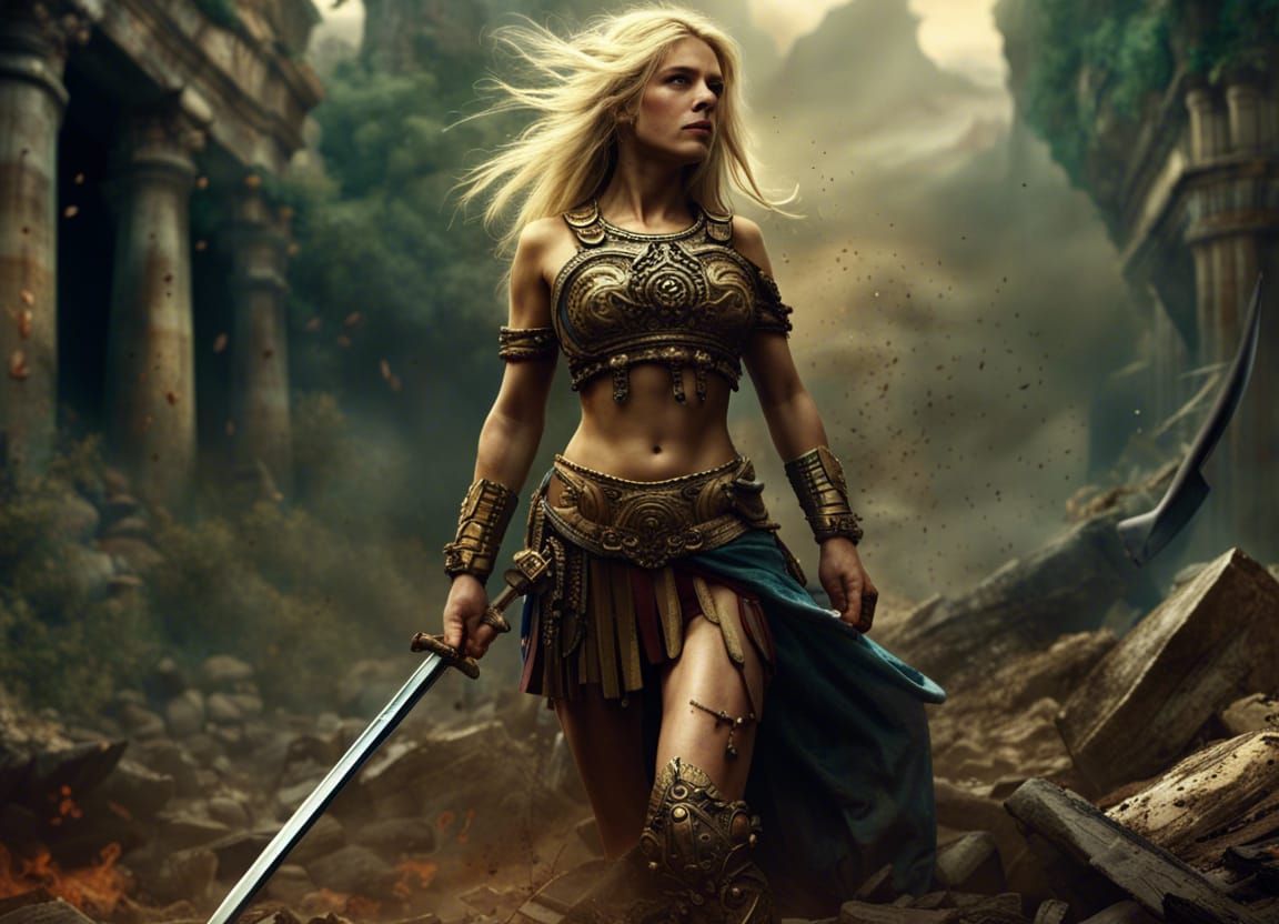 Amazon Warrior Walks Victorious Across Ruined Battlefield