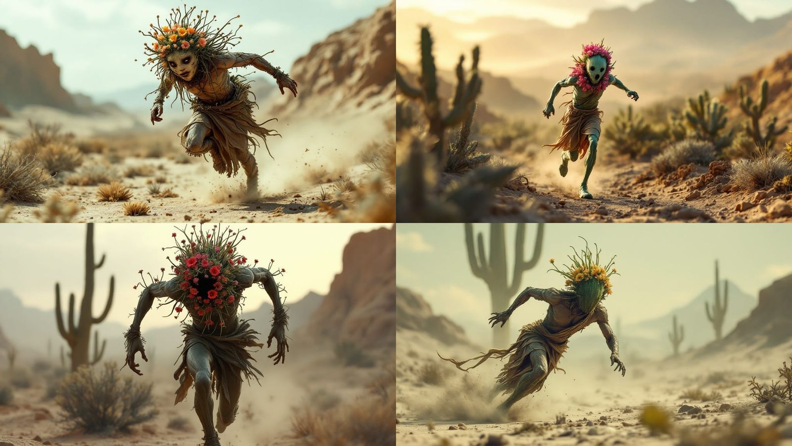 Cactus-Man Sprinter in Barren Desert, Dynamic Lighting