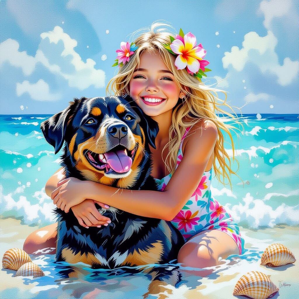 Girl Hugs Rottweiler in a Dynamic Watercolor Painting