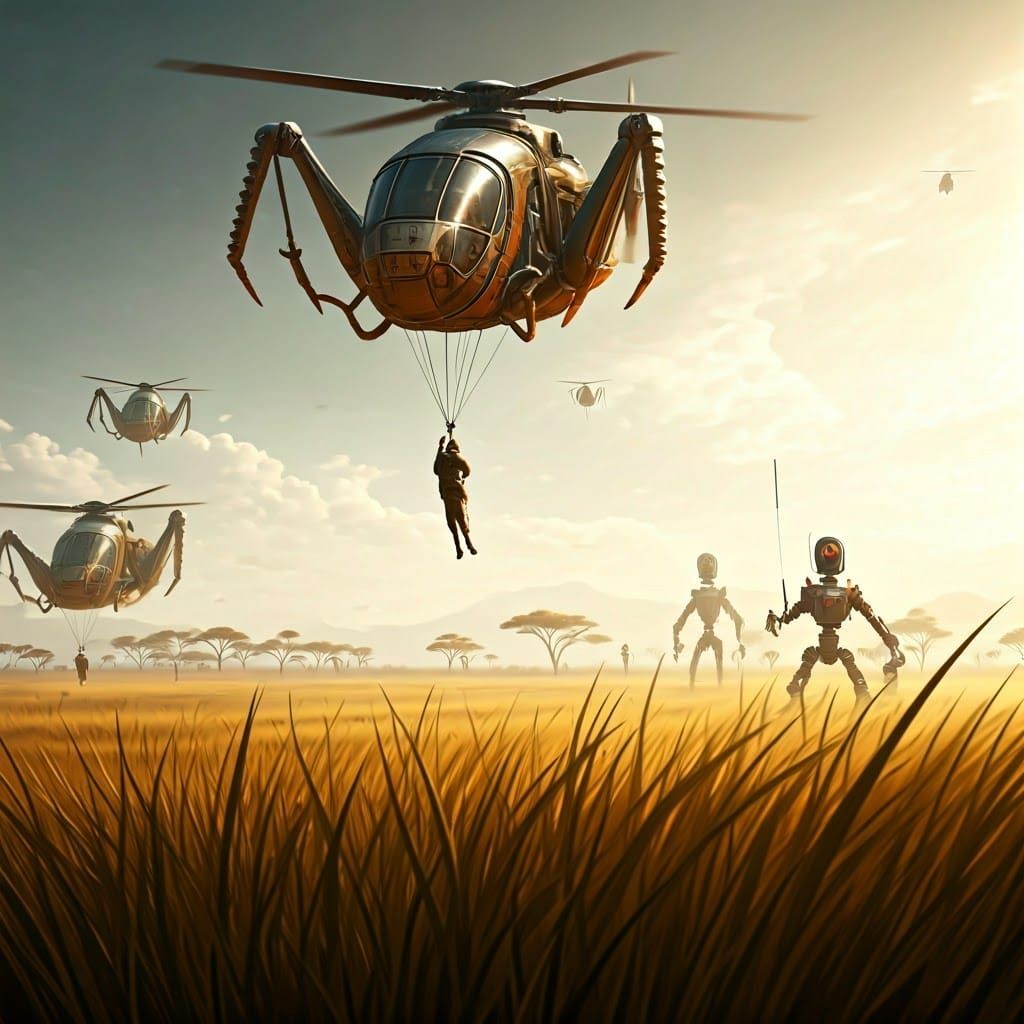 Grasshopper Helicopters in African Savanna Landscape