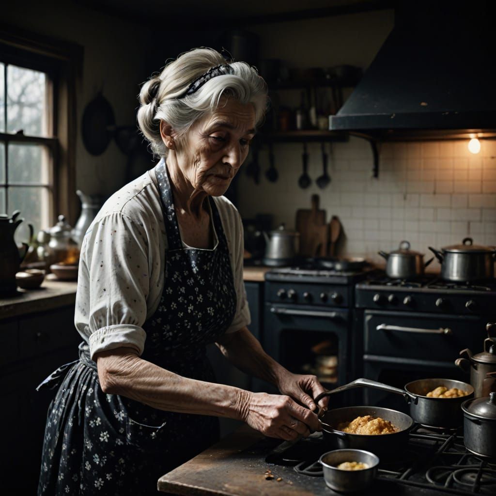 Elderly Woman in a Vintage Kitchen