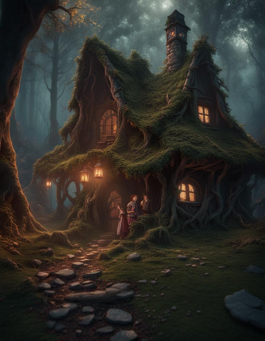 Hansel and Gretel at Witch's Hut: Fantasy Concept Art