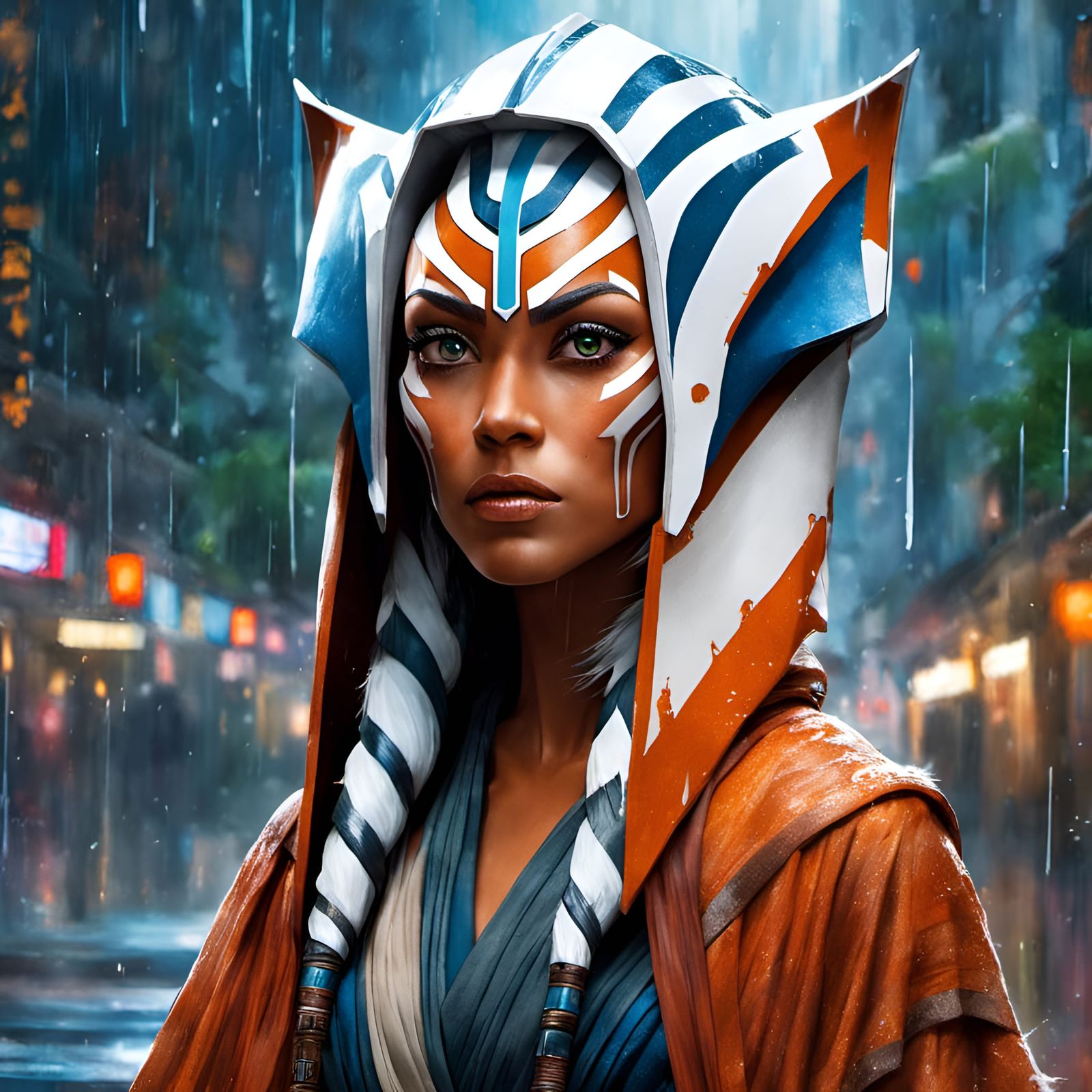 Ahsoka Tano Portrait in Rain, Digital Art