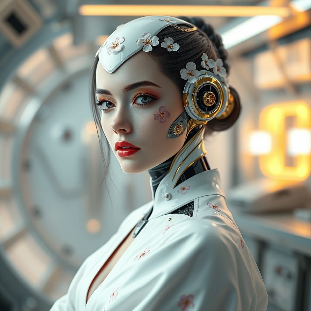 Android Woman with Cherry Blossoms in Futuristic Lab