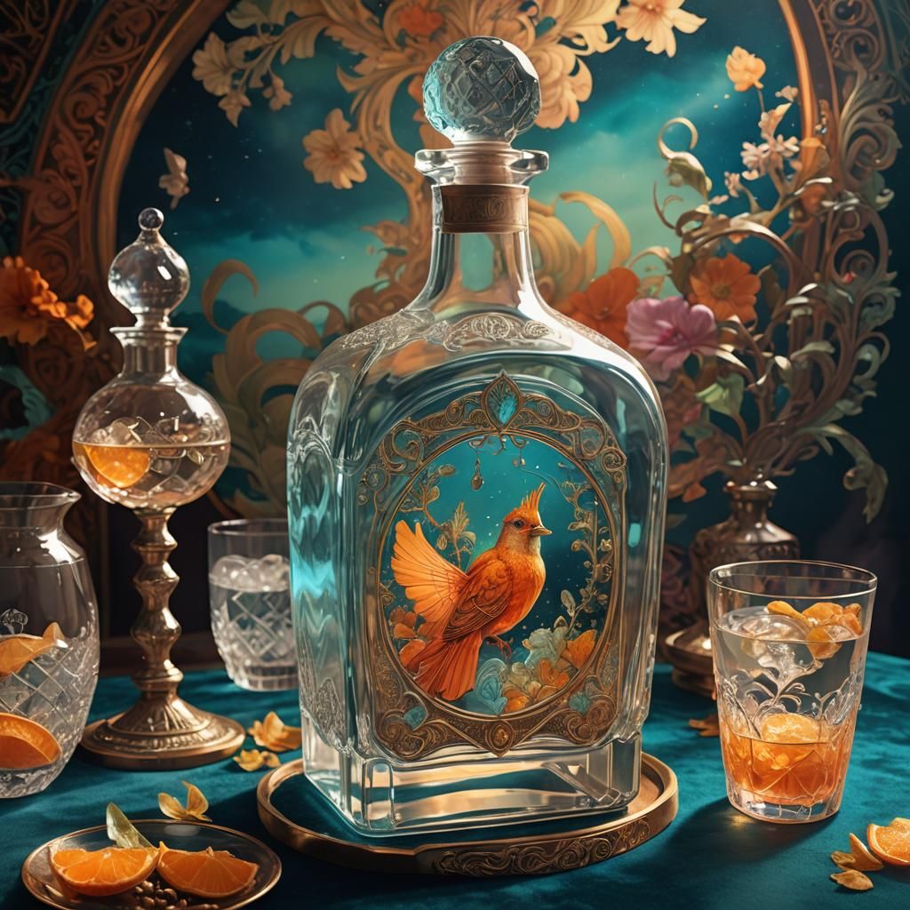 Heavenly Gin Decanter on Velvet, Hyperrealistic Concept Art