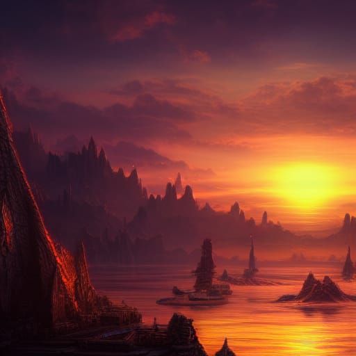 Fantastical Sunset Over Calm Bay in Detailed Matte Painting