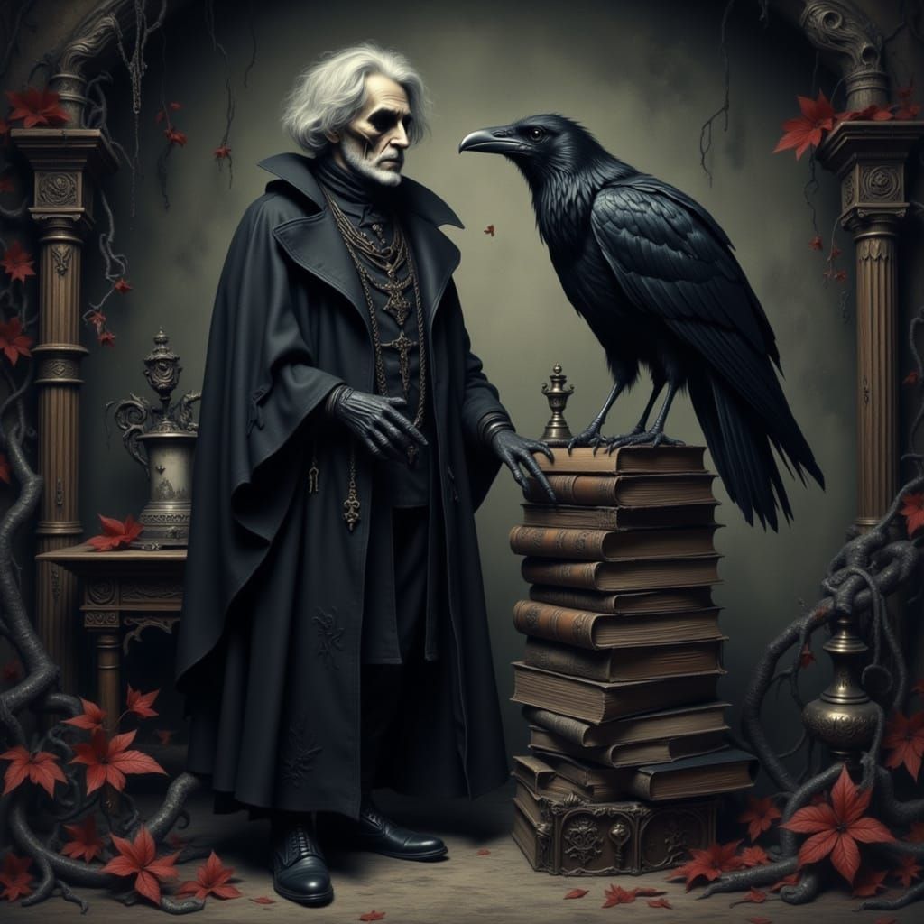Gothic Librarian and Ancient Raven in Dark Academic Study