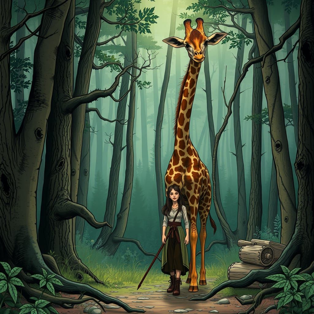 Woman and Giraffe in Fantasy Graphic Novel Style