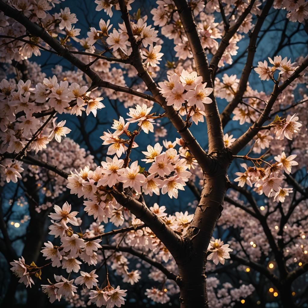 Glowing Sakura Tree at Night: Hyper-Realistic Macro Shot