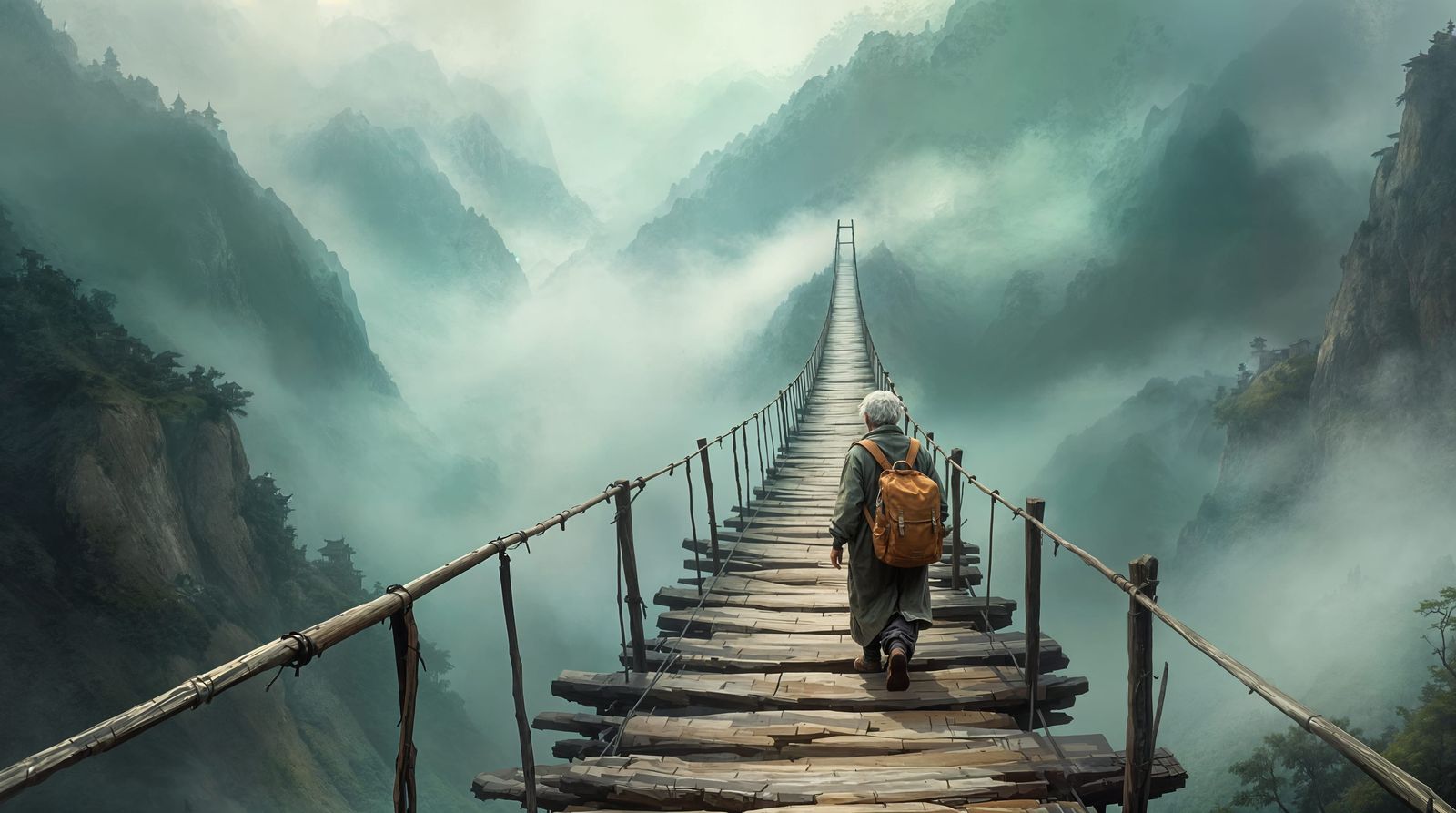 Misty Mountain Pilgrim in Atmospheric Oil Painting