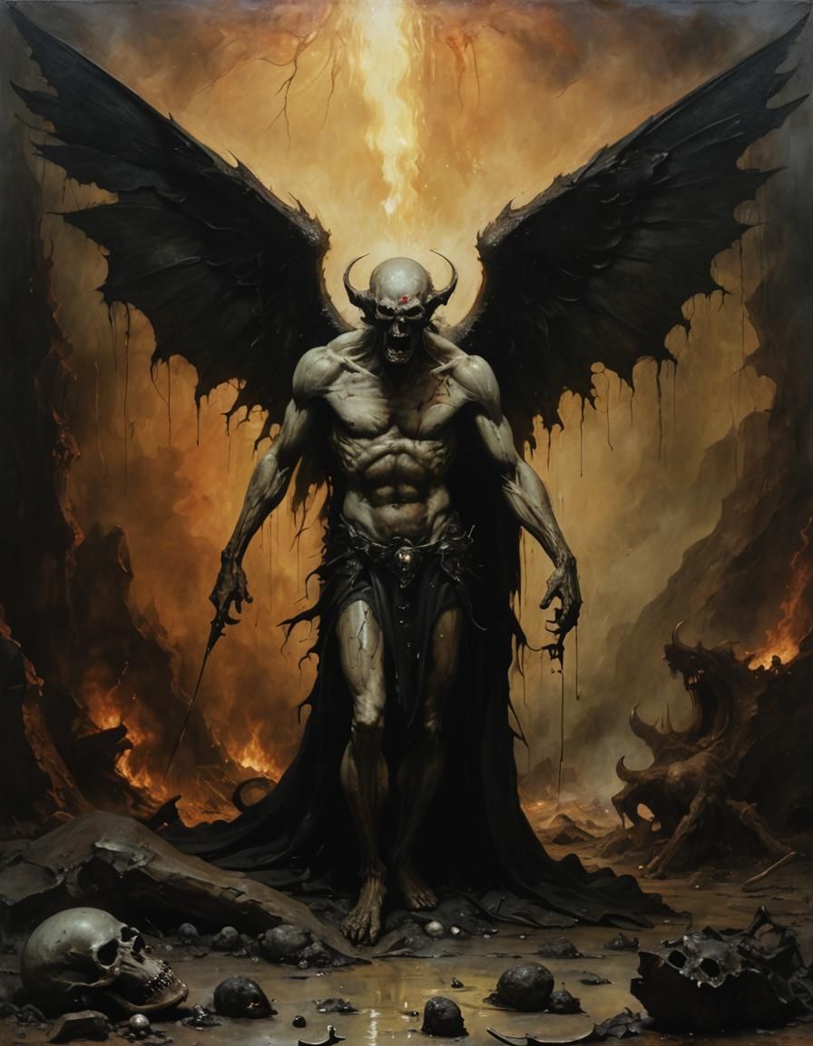 Hideous Fallen Angel in Flaming Pits of Hades