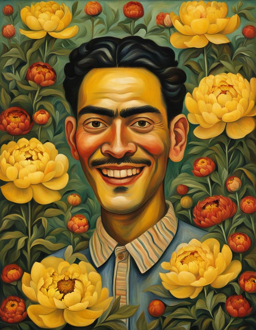 Smiling Man in Frida Kahlo Oil Painting Style
