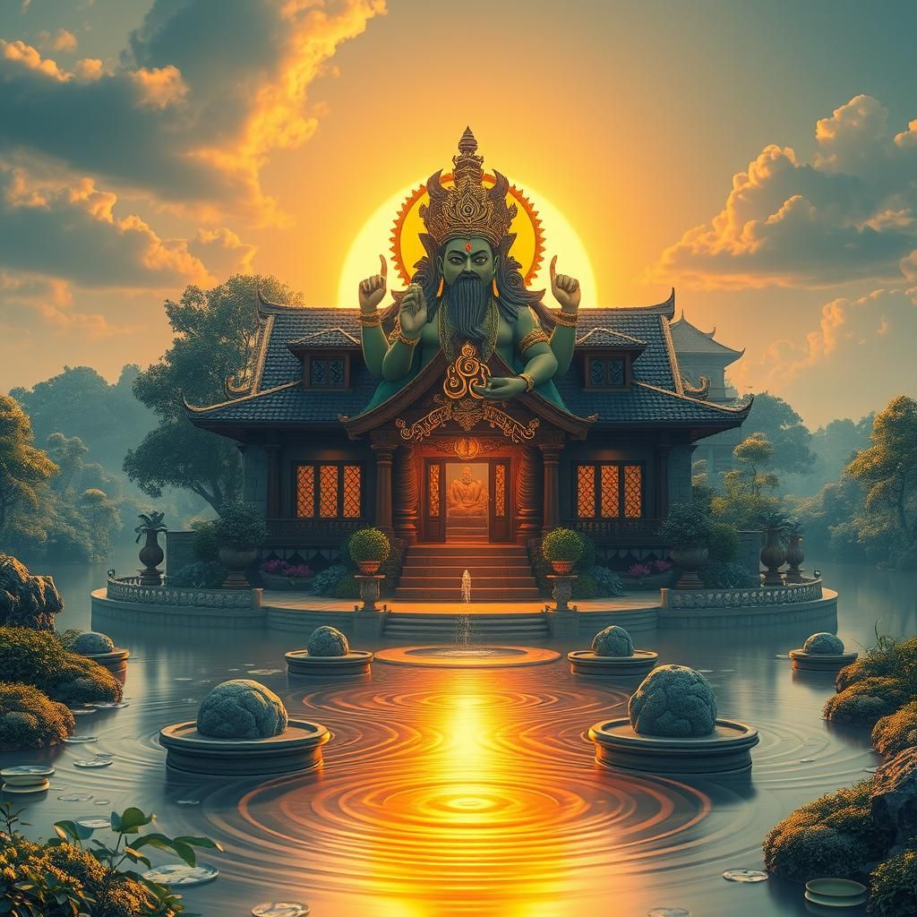 Vastu Purusha Guards Home at Sunset in Unreal Engine