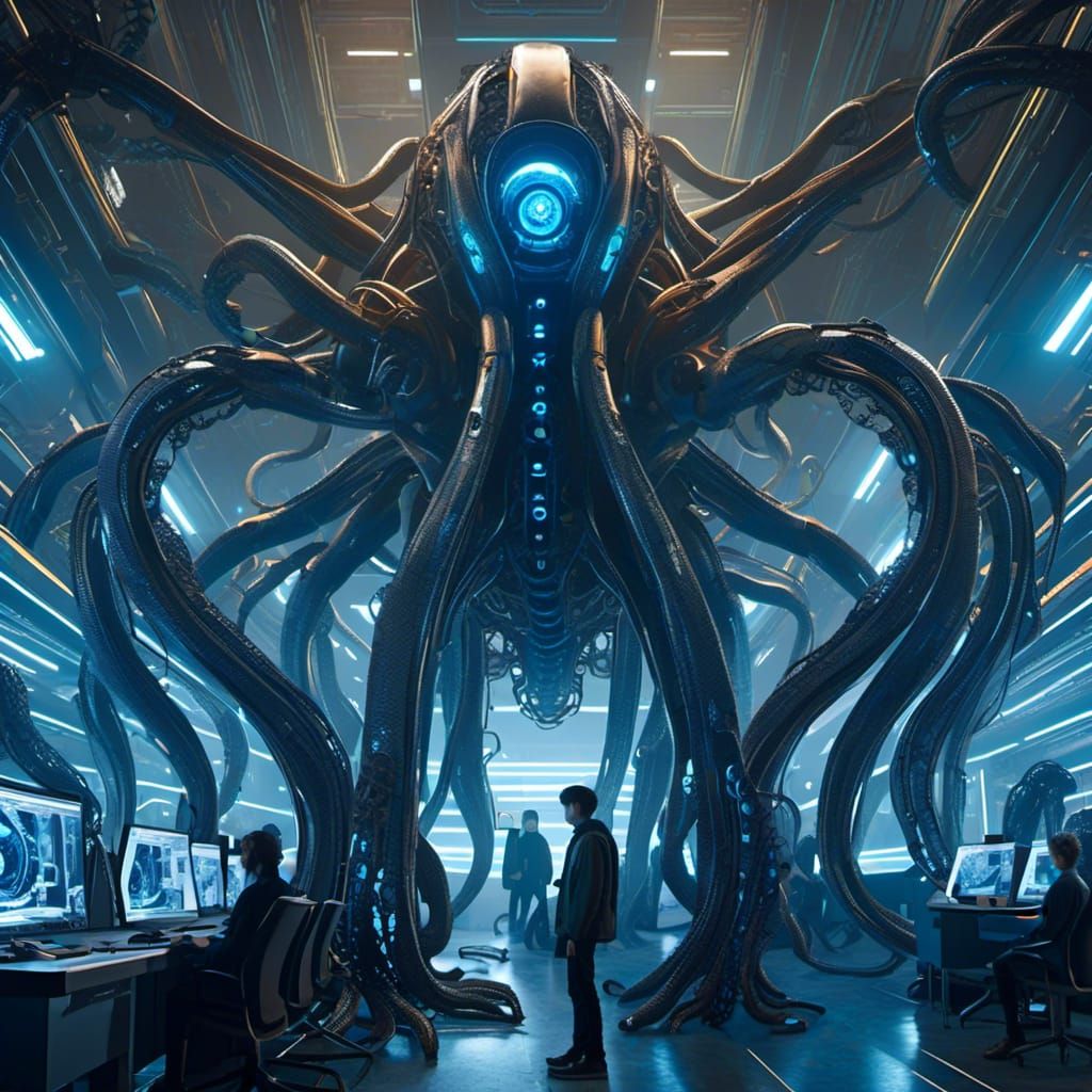 Giant Tentacled Robot Typing in Dystopian Sci-Fi War Room