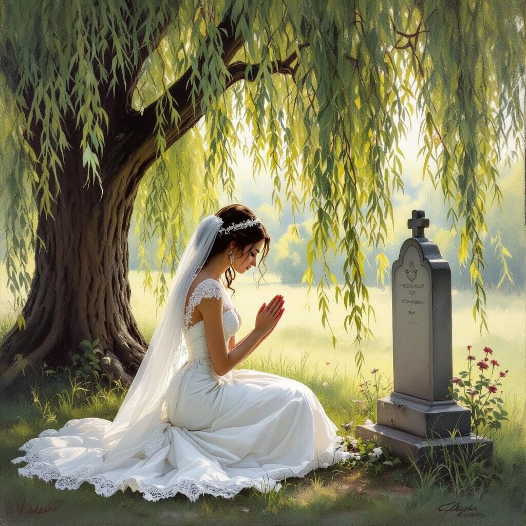 Bride Kneels in Prayer by Headstone Under Willow Tree