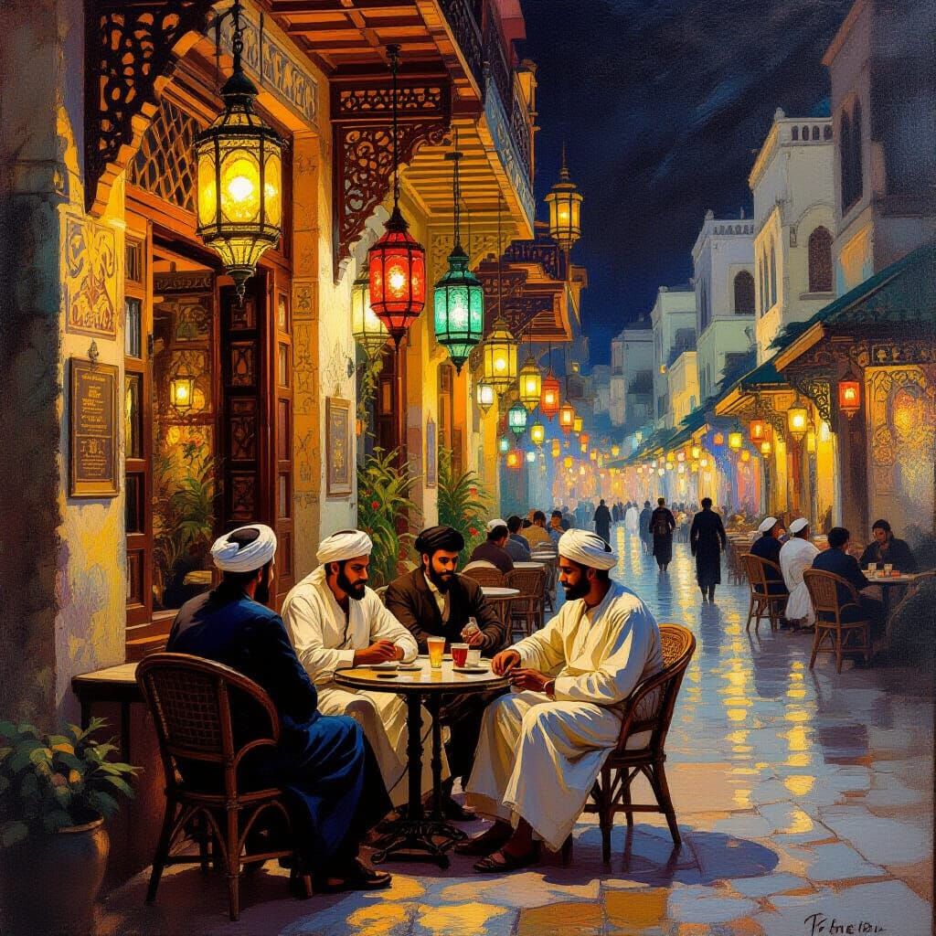Tunisian Cafe at Night in Orientalist Style