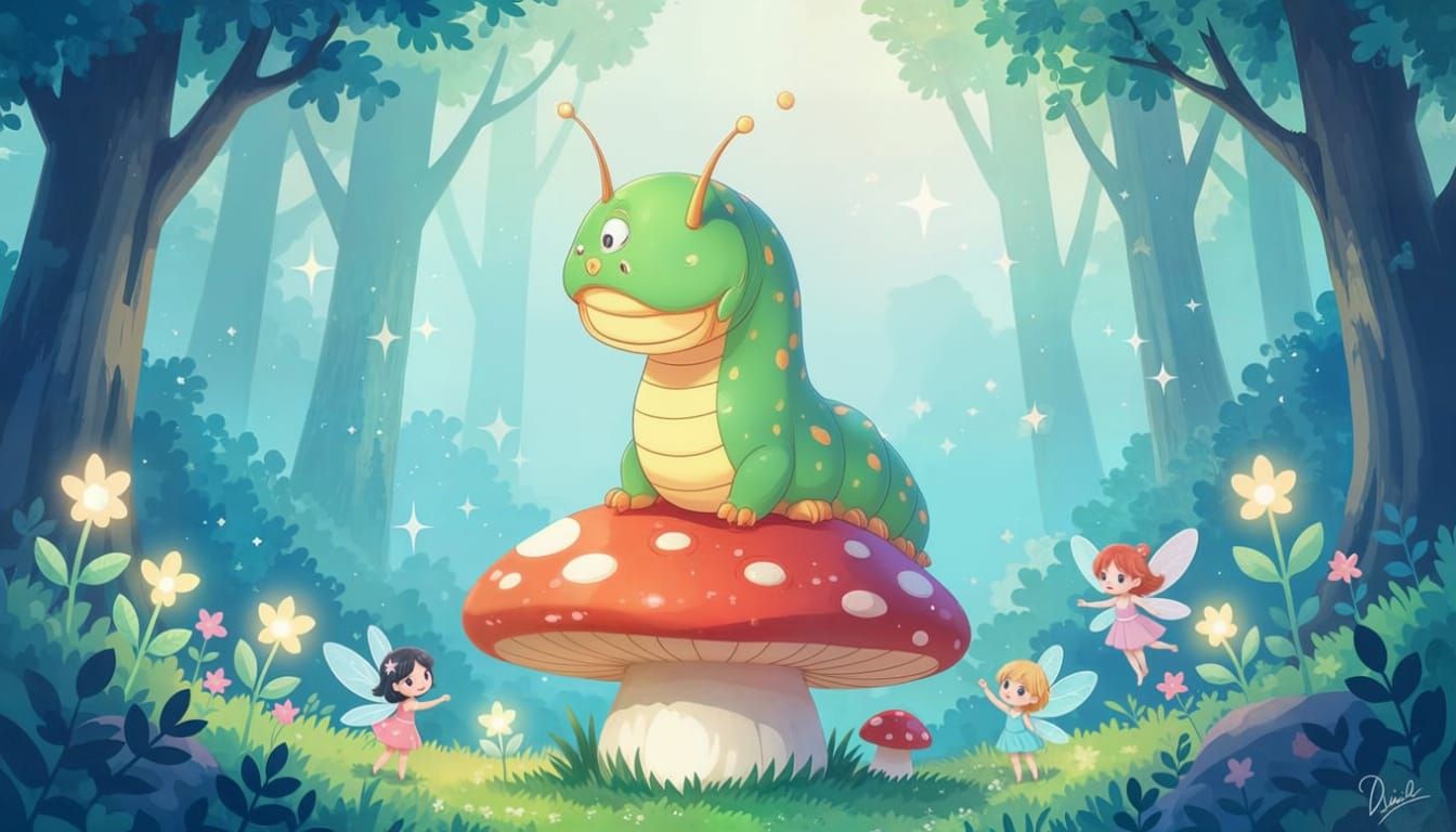 Mushroom Chibi dragon/ Silkworm caterpillar with Fairy Frien...