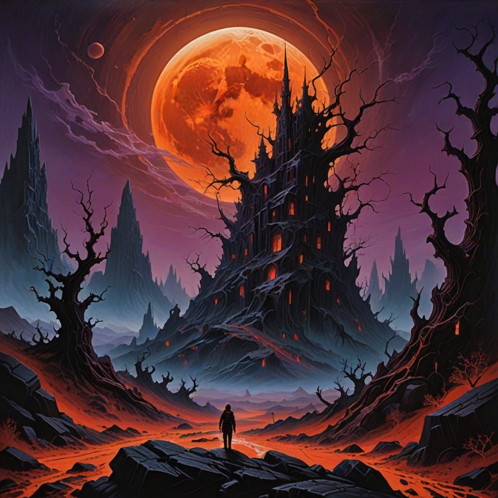 Blood Moon Rising in a Dark Fantasy Landscape