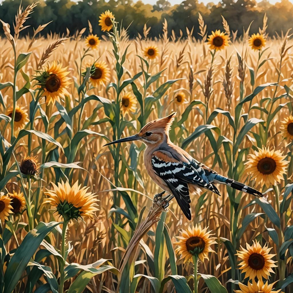 Watercolor Fields of Sunflowers and Wheat