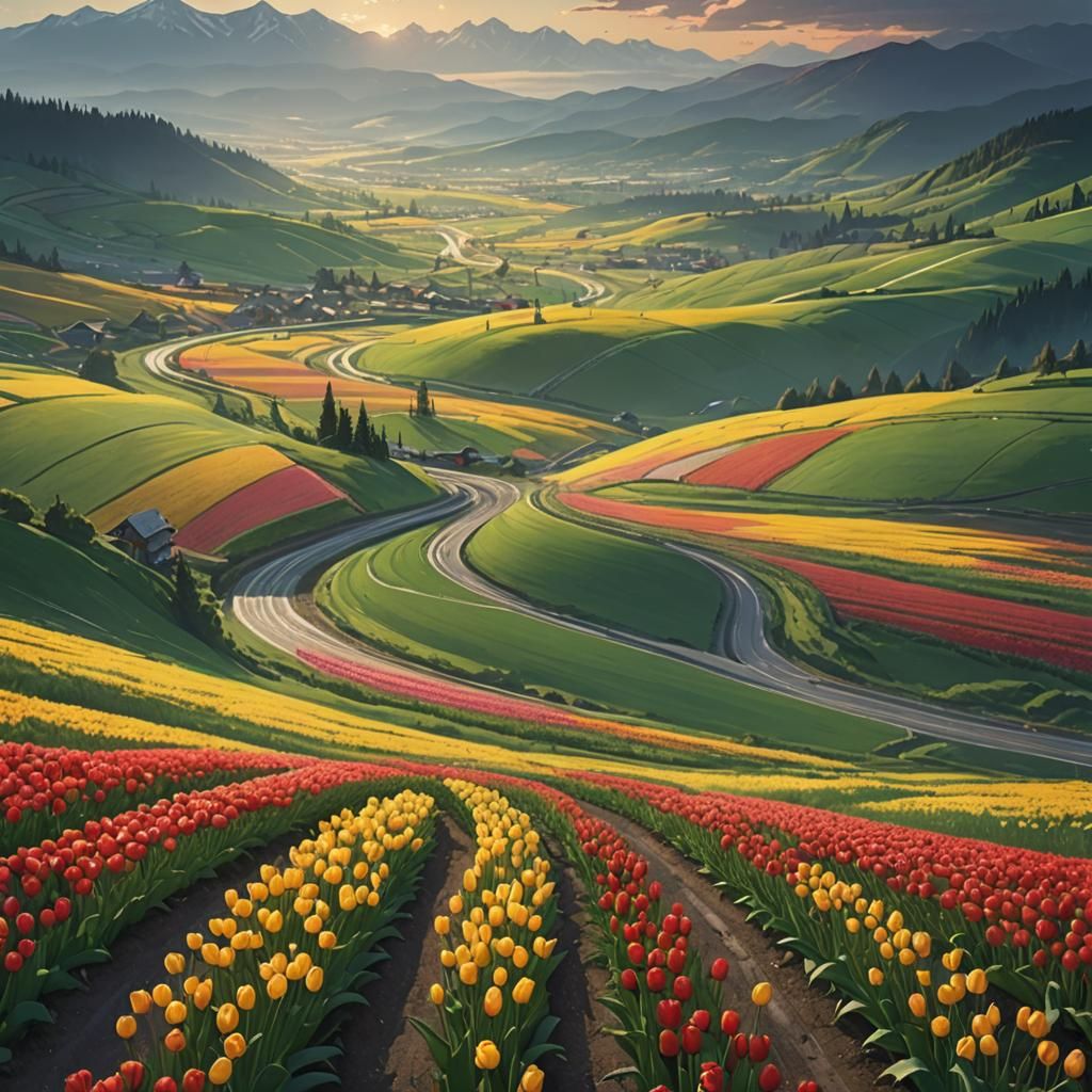 Vibrant Tulip Field Meets Mountain Horizon in Anime Art