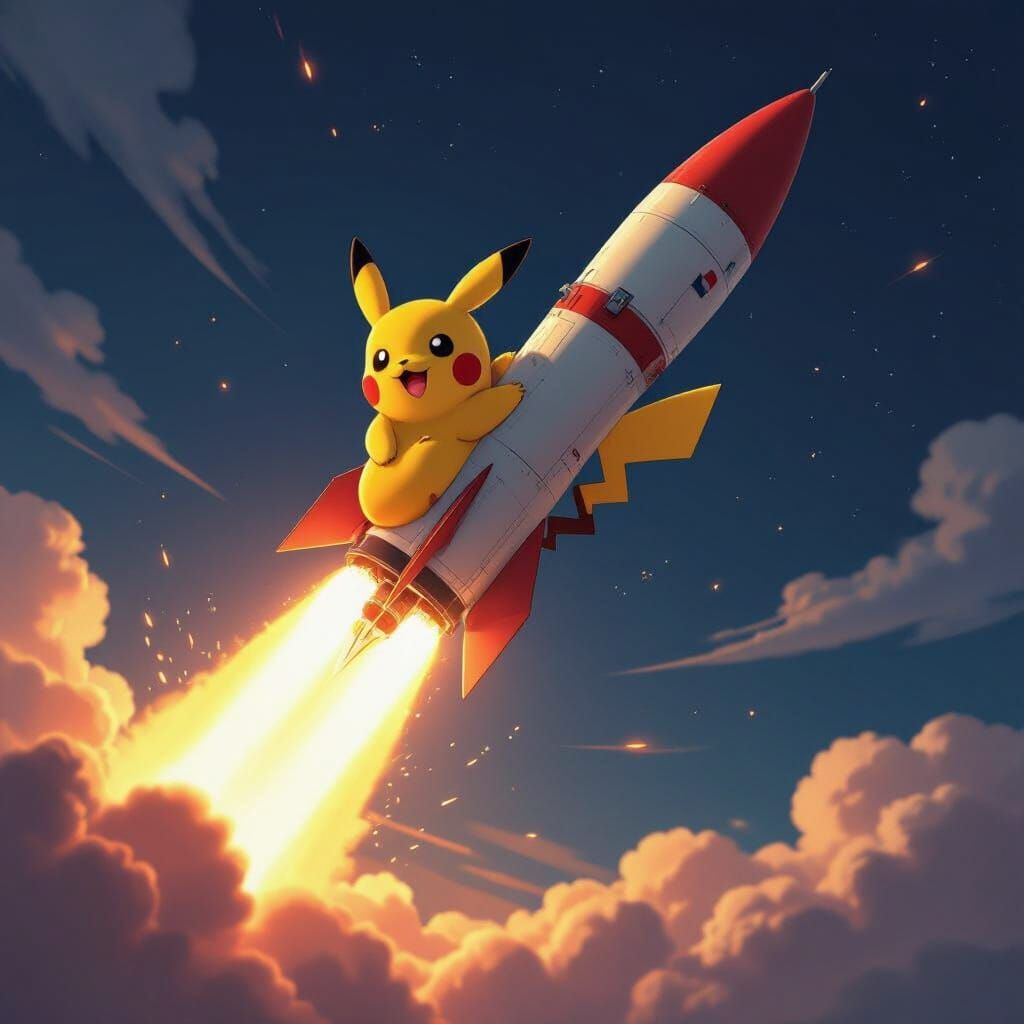 Pikachu Clings to R-7 Missile Launch in Anime Style