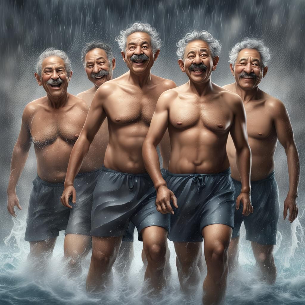 Three Happy Indonesian Men in Bathroom, Detailed Matte Paint...