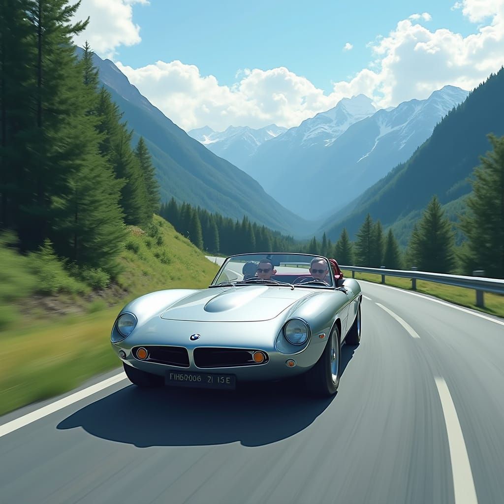 Futuristic BMW Speeds Down Winding Mountain Road in Cyberpun...