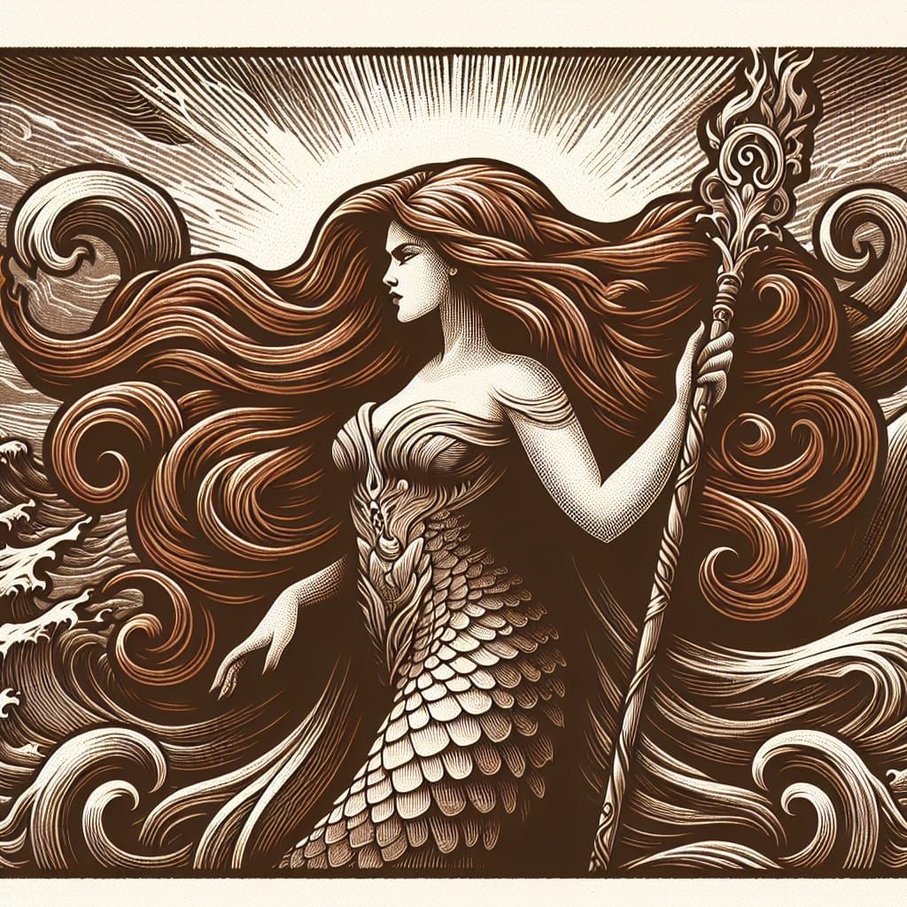 Hispanic Woman with Mystical Staff in Doré Style