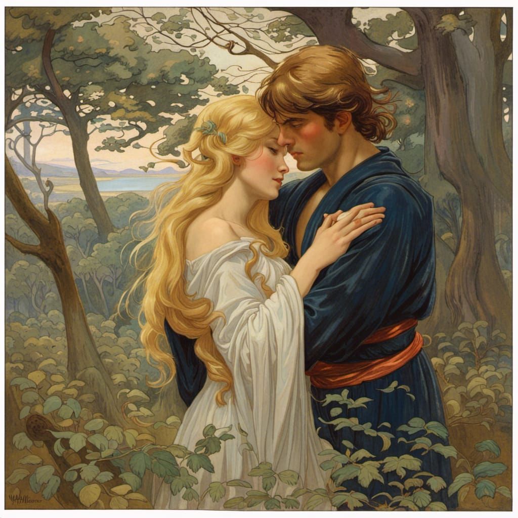 Passsionate Embrace in a Pre-Raphaelite Forest