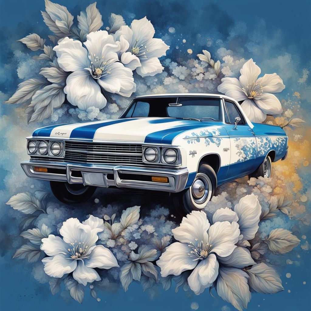 Blue and White Floral El Camino: Hyperrealistic Splash Art
