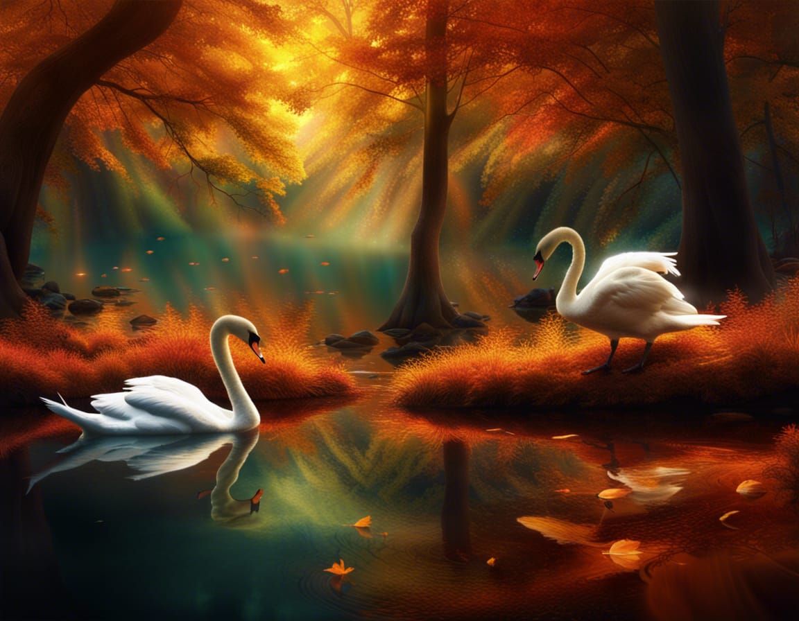 Fractal Autumn Forest with Swans in Long Exposure