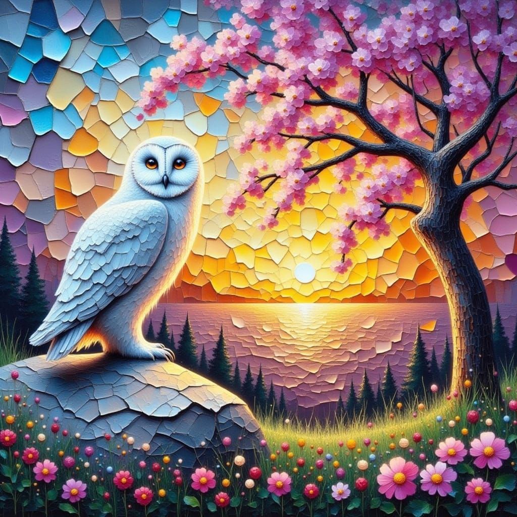 Mosaic Sunset Owl in Vibrant Impasto Colors