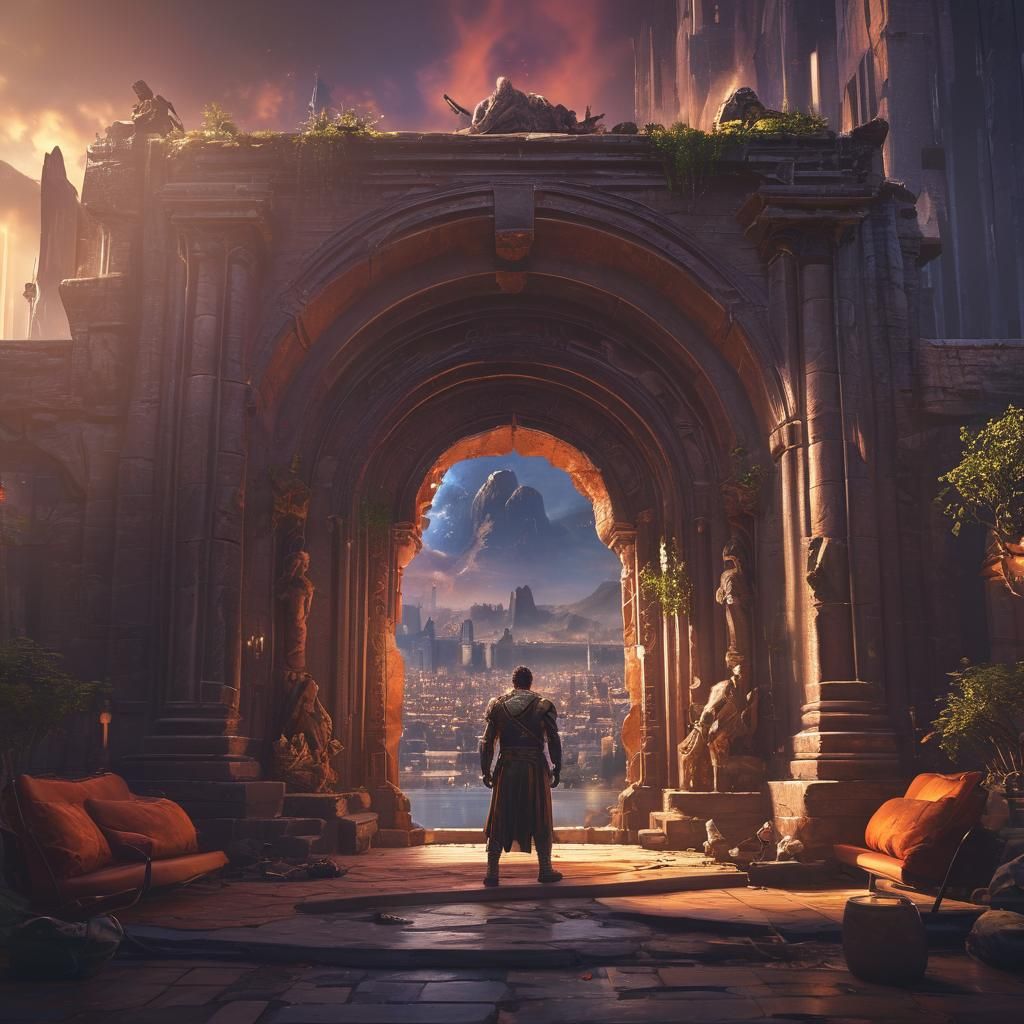 Mythical Hero Beckons Through Magical Portal