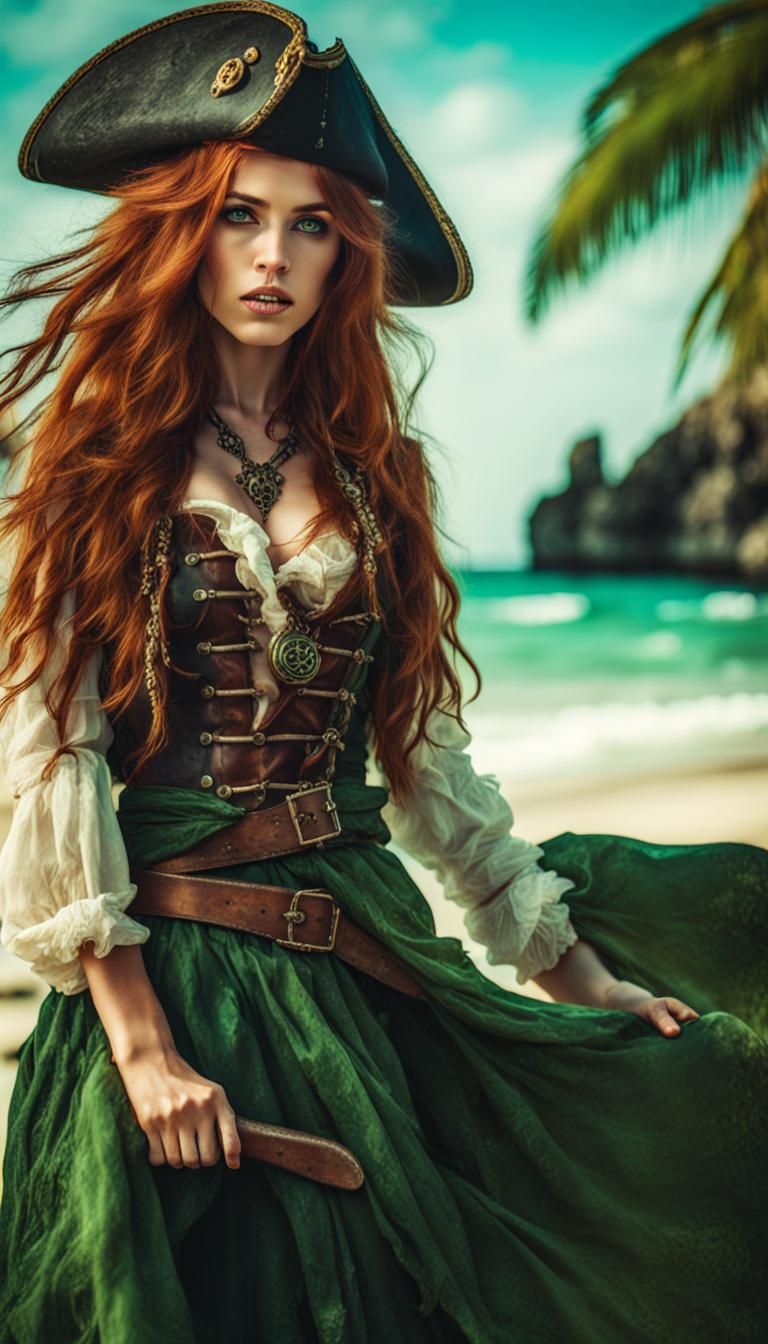 Enchanting Lovecraftian Pirate Girl on Tropical Beach