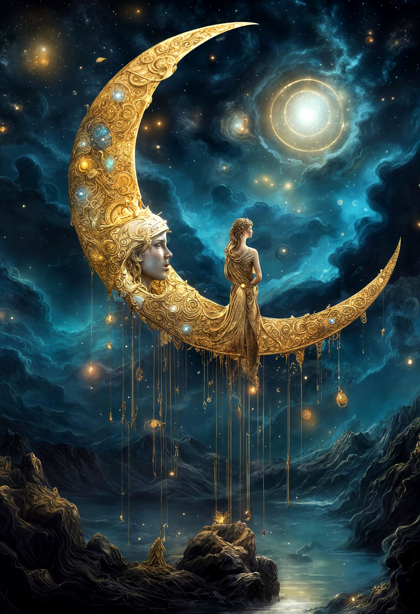 Golden Crescent Moon Over Stormy Twilight Sky