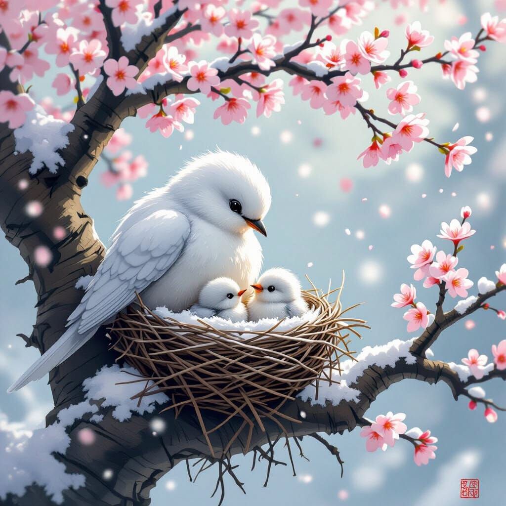 Japanese Snowbird Mother Feeding Chicks