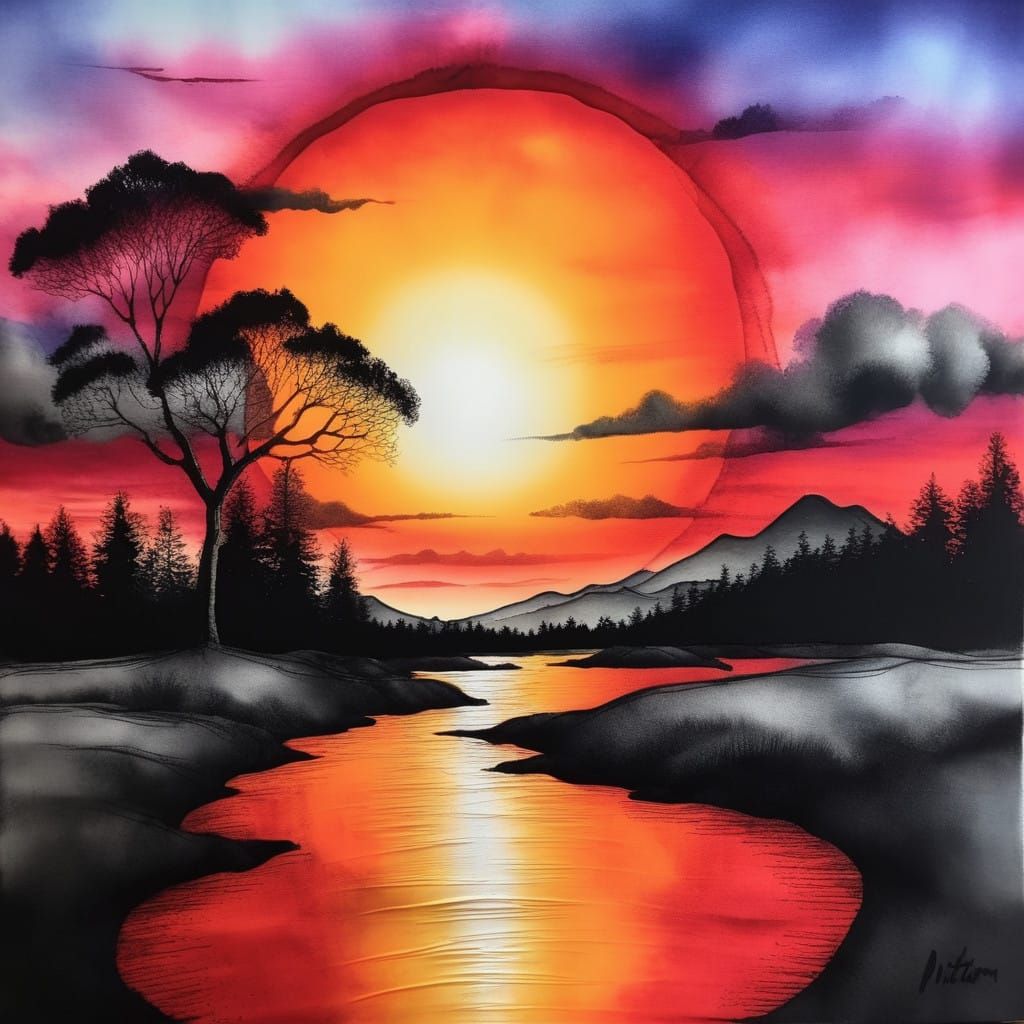 Hyperrealistic Sunset Art in Vibrant Alcohol Ink