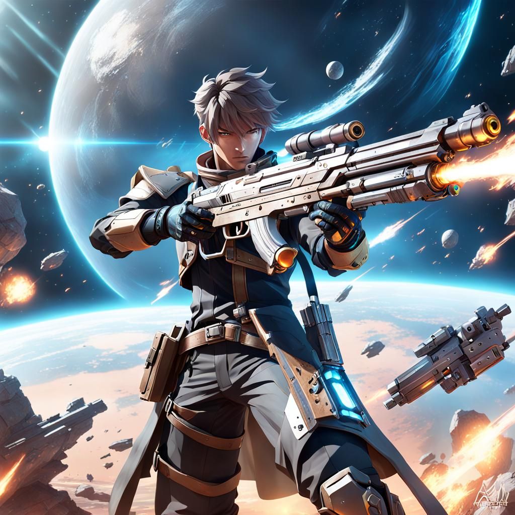 Young Gunslinger in Space Battle: Photorealistic Anime Art
