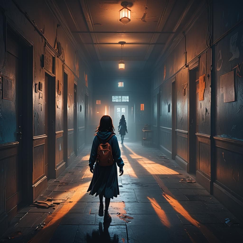 Eerie Ghost Follows Girl in Empty School Hallway