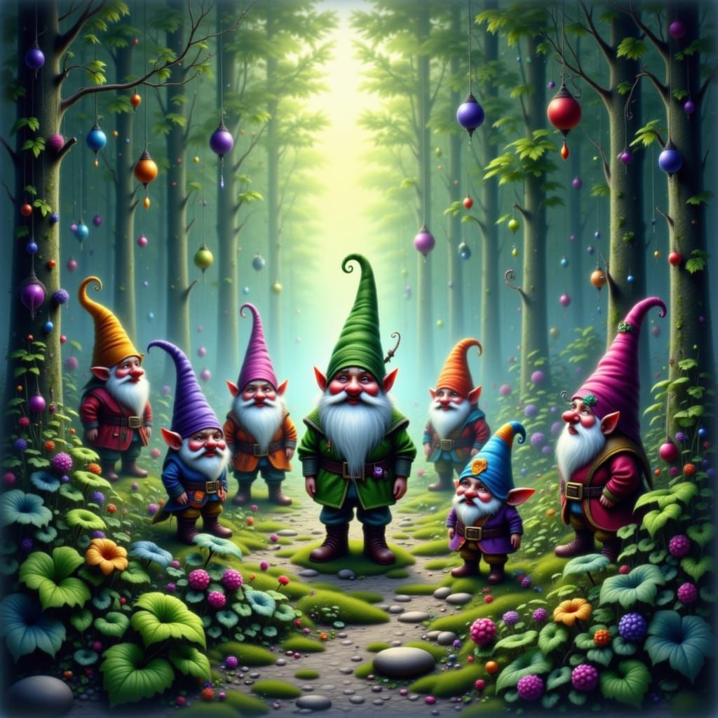 Seven Dwarves in Enchanted Forest with Volumetric Light